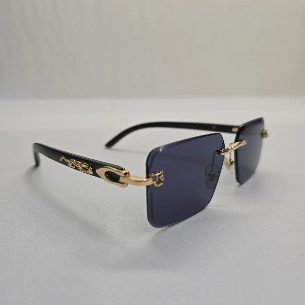 Cartier Panthere Rimless Sunglasses Gold Wood Blue Tint CT0065S